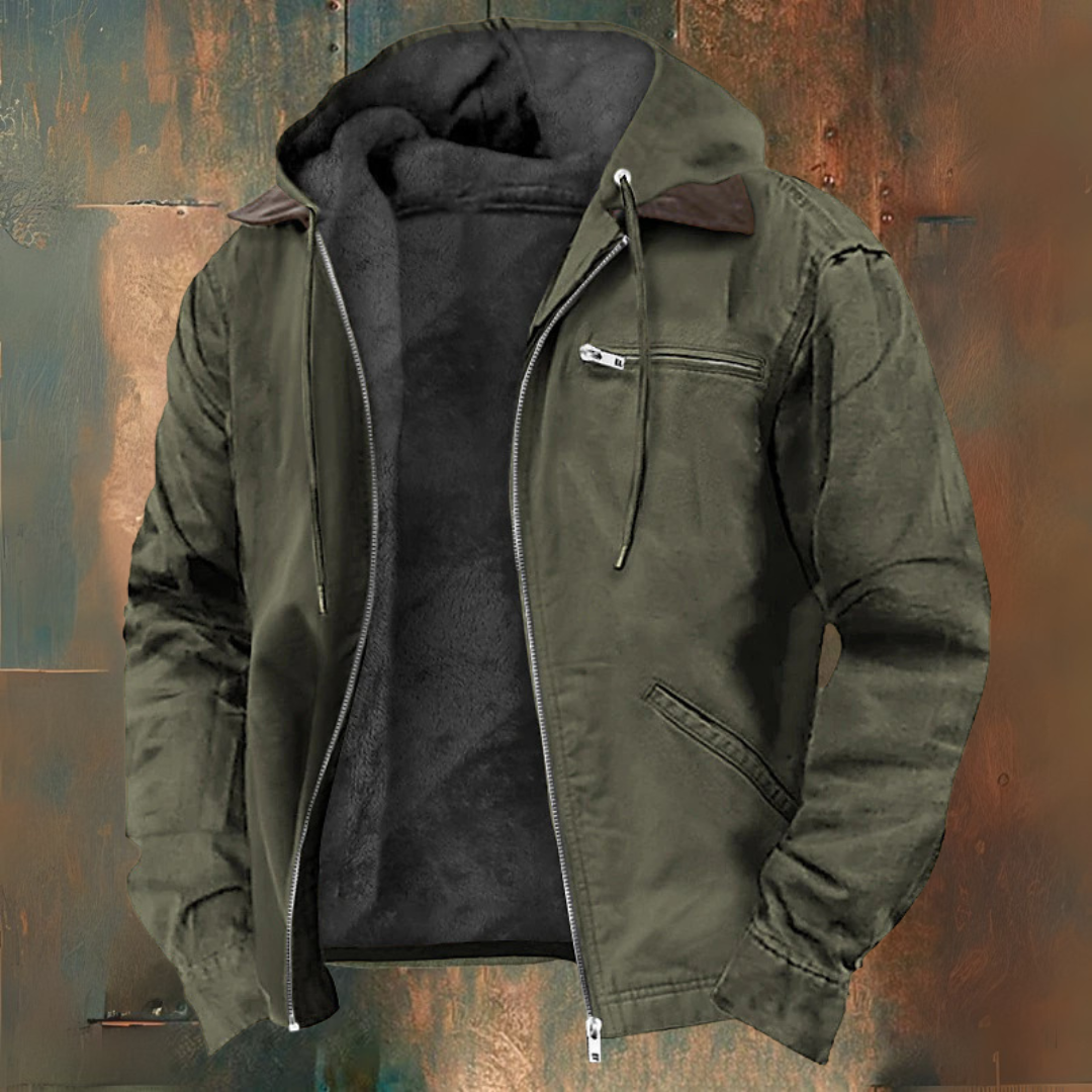 Men's hooded zip jacket with long sleeves, chest zip pocket and angled front pockets