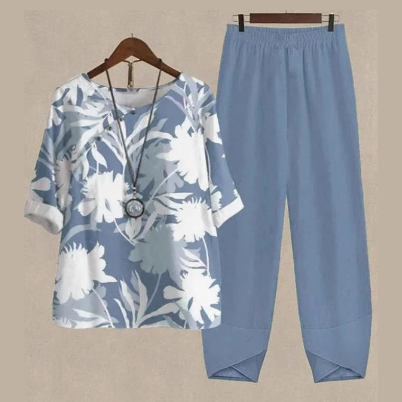 Women's two-piece set with short-sleeved patterned top and long trousers