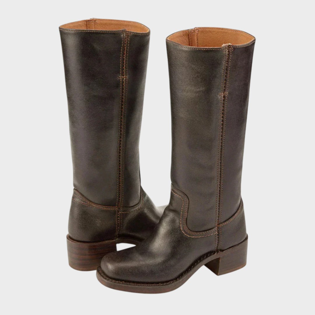 Women's knee-high cowboy boots with almond toes and low block heels