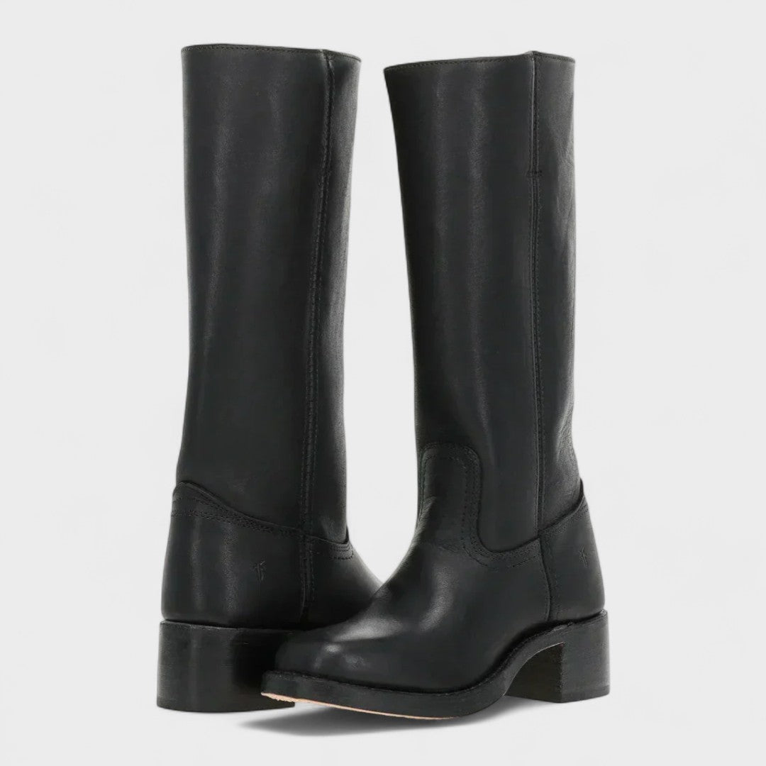 Women's knee-high cowboy boots with almond toes and low block heels