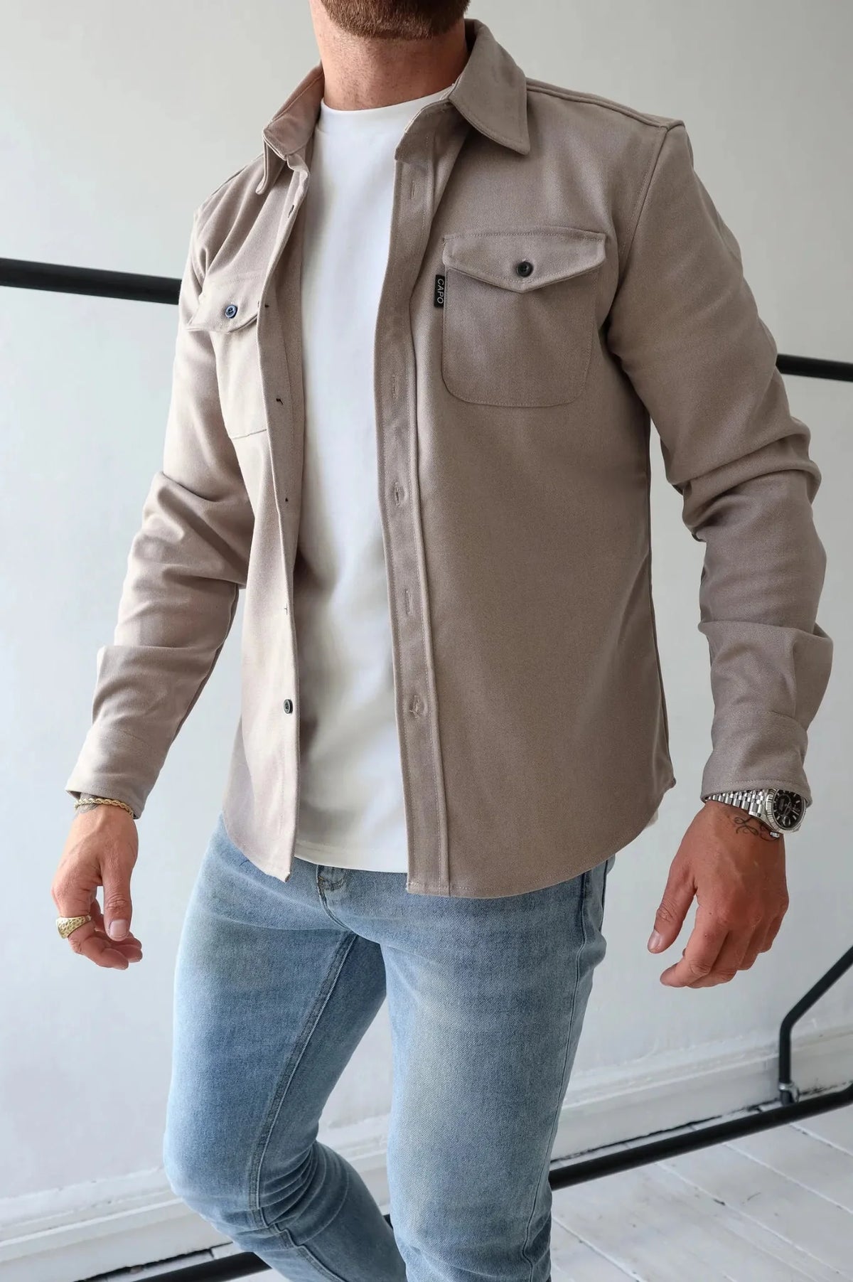 Men's button-up shirt jacket with long sleeves and two chest pockets