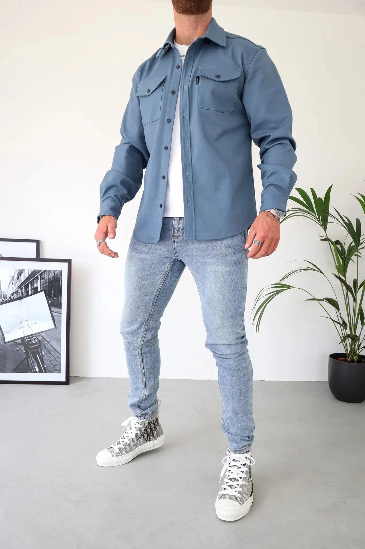 Men's button-up shirt jacket with long sleeves and two chest pockets