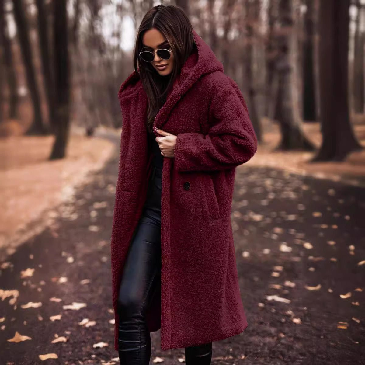Women's Wool Coat Long Oversized Hooded - Burgundy