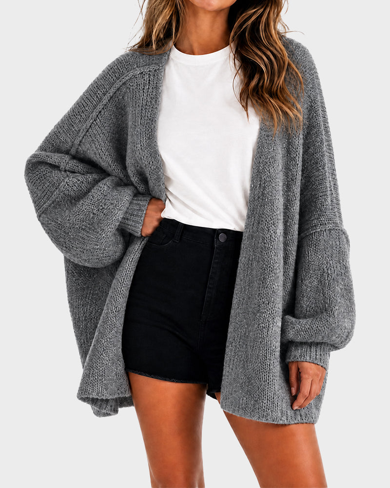 Women's oversized open-front knitted cardigan with lantern sleeves
