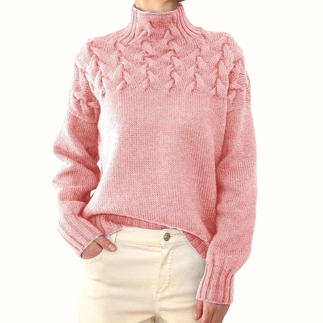 Women's cable-knit turtleneck sweater with long sleeves and ribbed trims