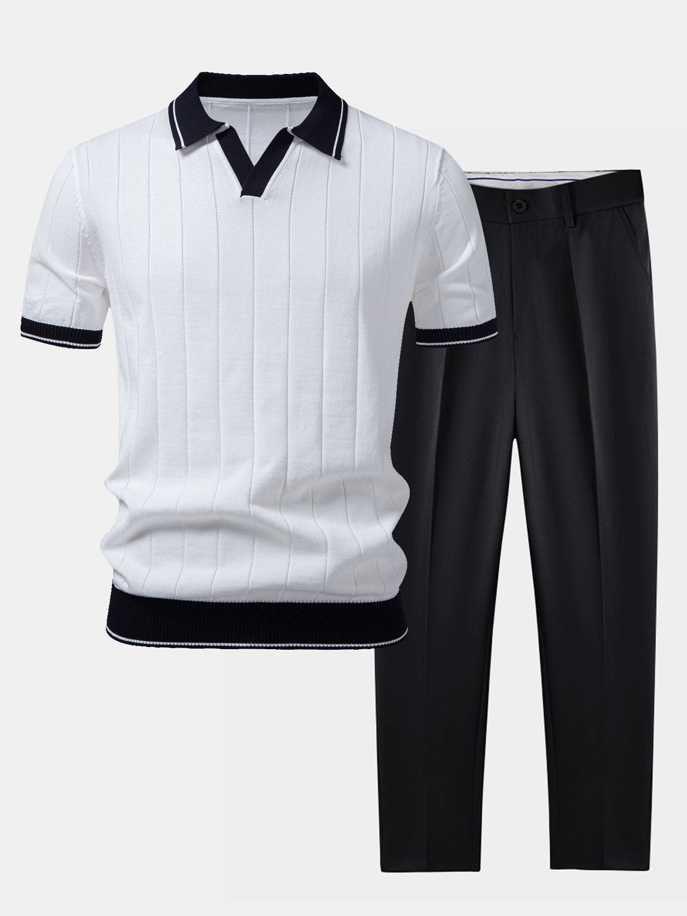 Men's Knit Polo Set Striped V-Neck - White