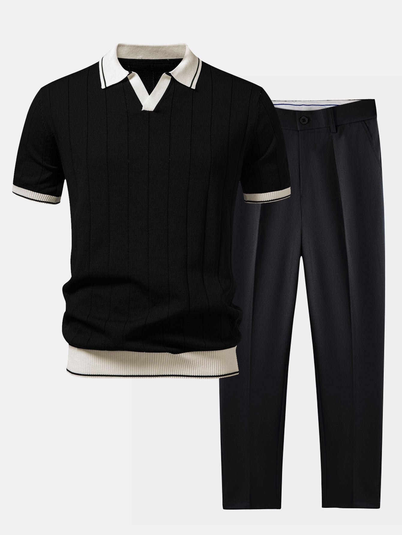 Men's Knit Polo Set Striped V-Neck - Black