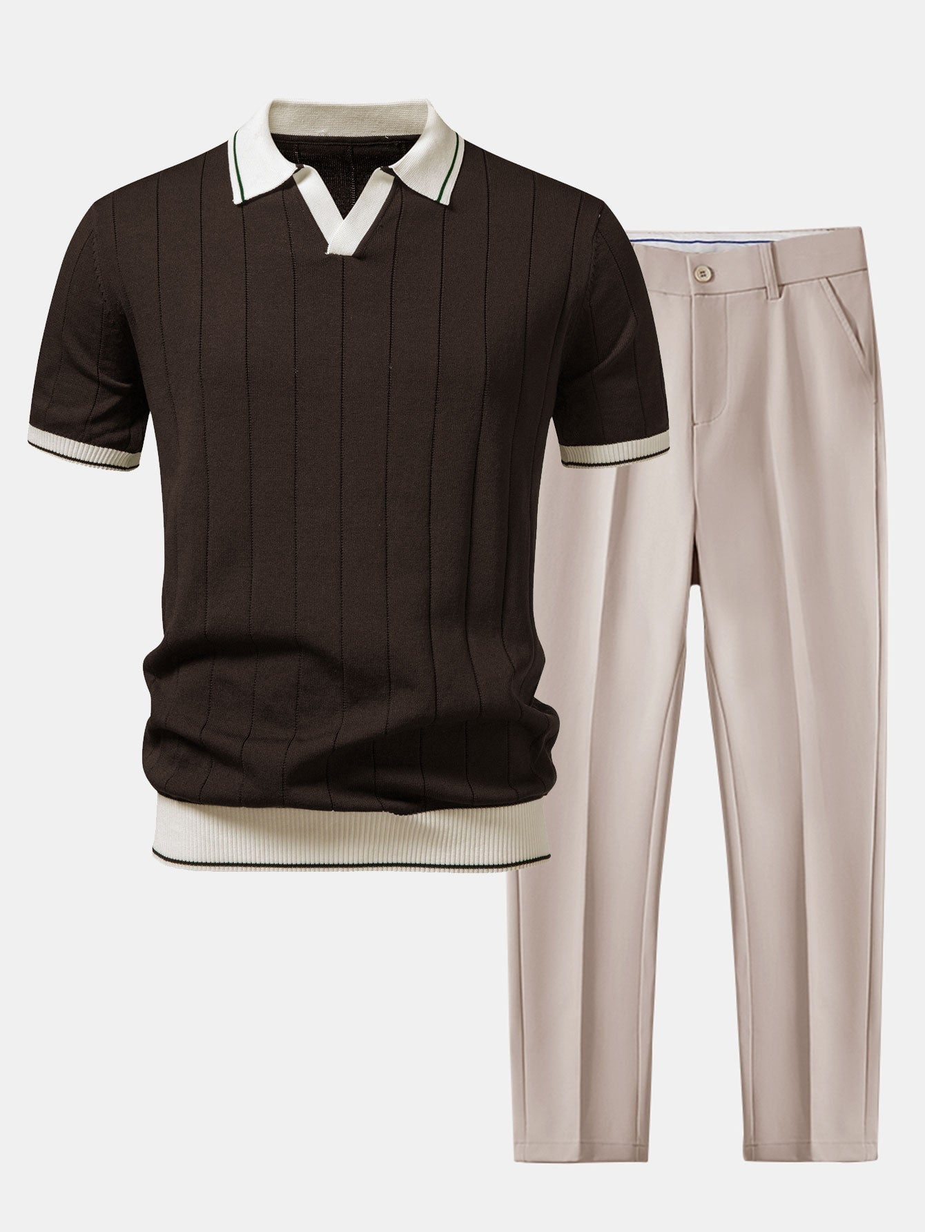 Men's Knit Polo Set Striped V-Neck - Brown