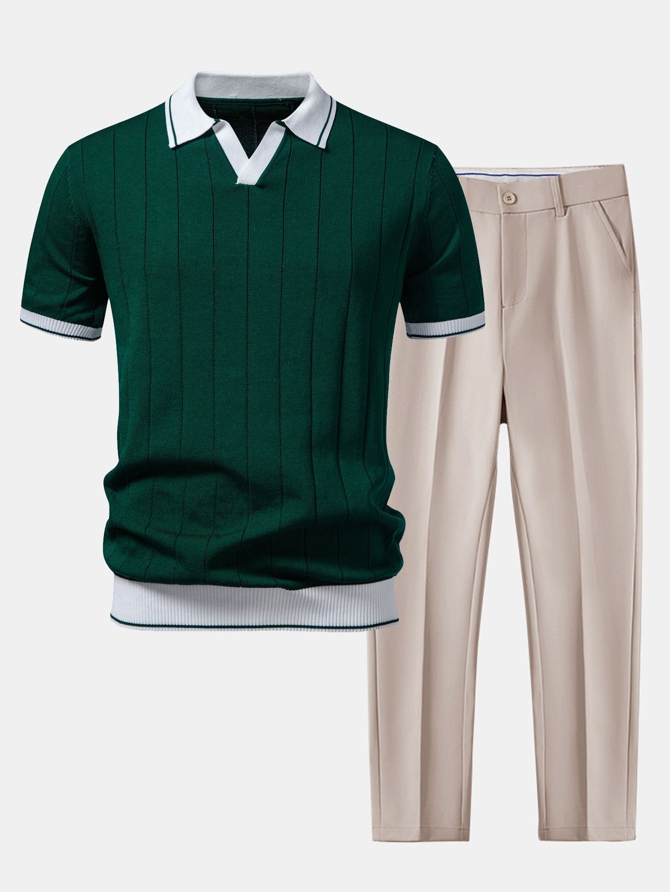 Men's Knit Polo Set Striped V-Neck - Green