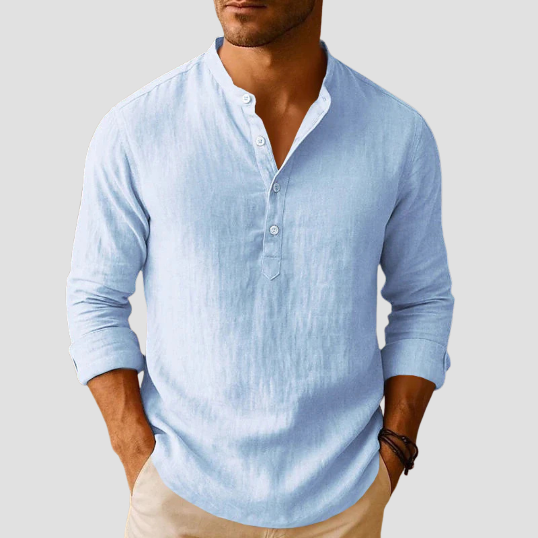 Men's plain Mandarin collar long-sleeve shirt with button placket