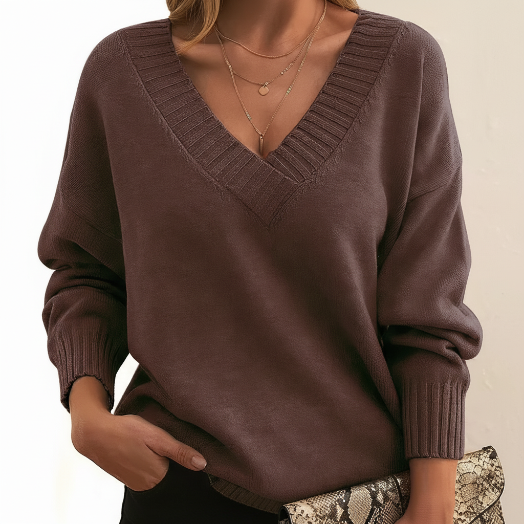 Women's plain V-neck jumper with long sleeves and ribbed trims