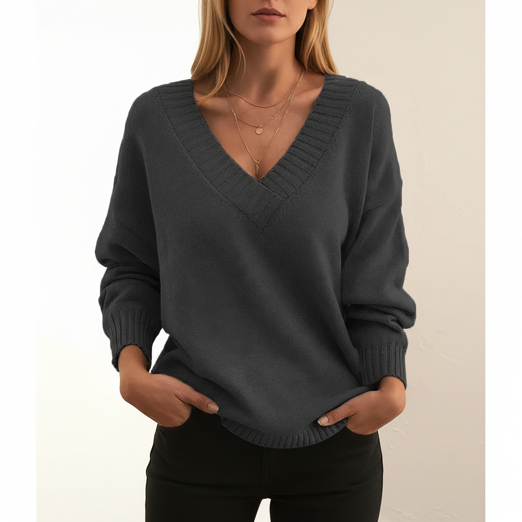 Women's plain V-neck jumper with long sleeves and ribbed trims