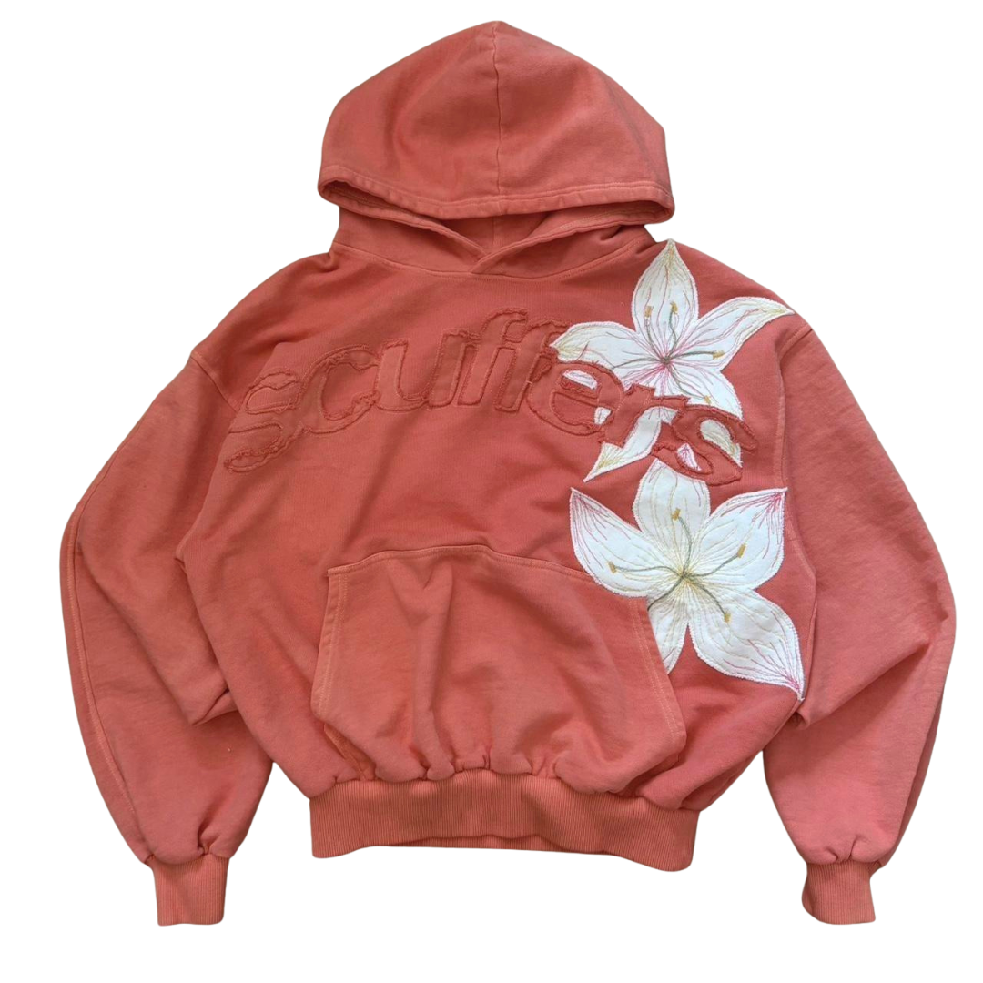 Women's coral hoodie with floral front embroidery and hood