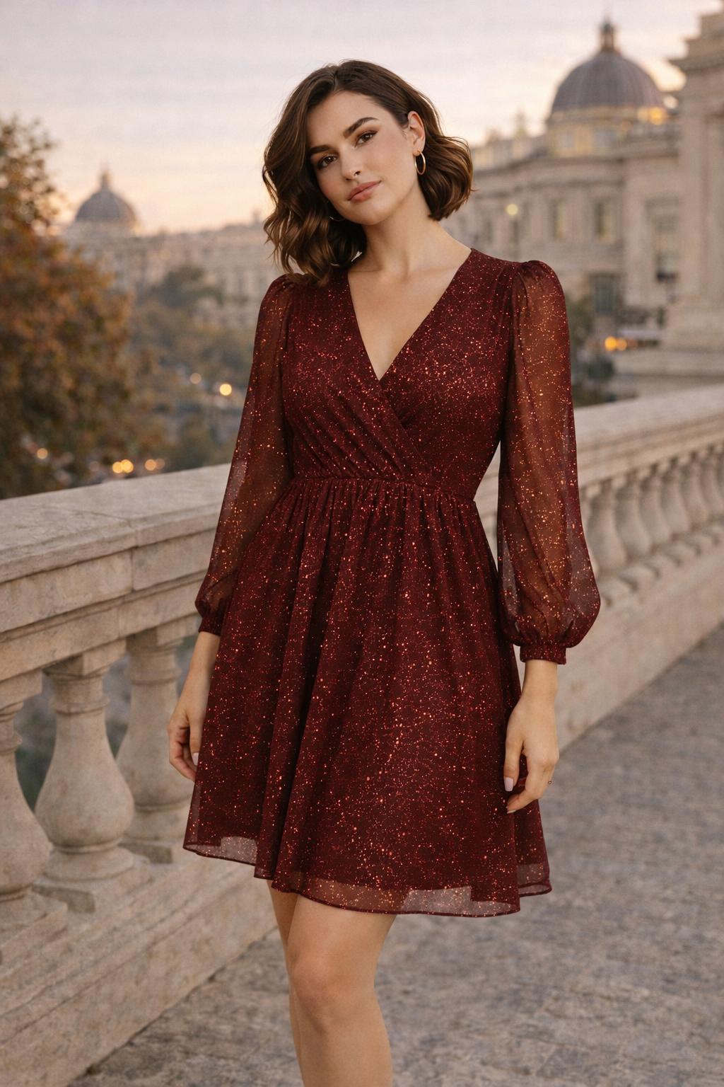 Women's Glitter Wrap Mini Dress Long Sleeve