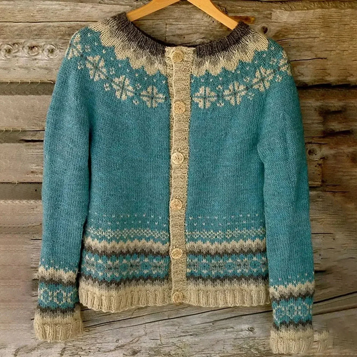Women's Nordic geometric patterned knitted cardigan with crew neck and button front