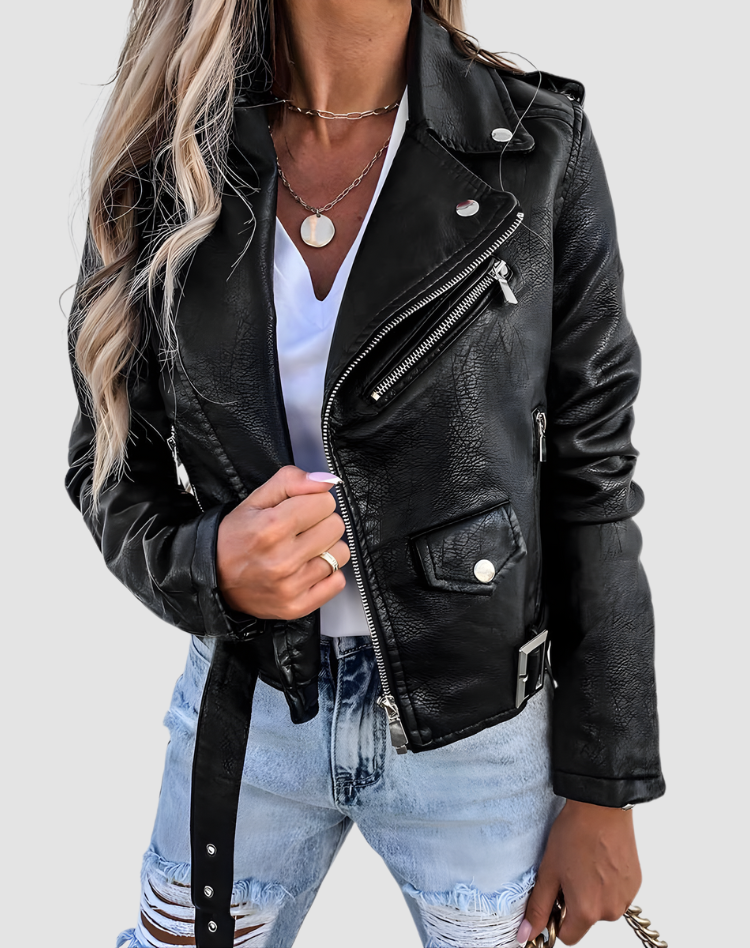 Women's biker jacket with asymmetric zip, long sleeves and belted hem