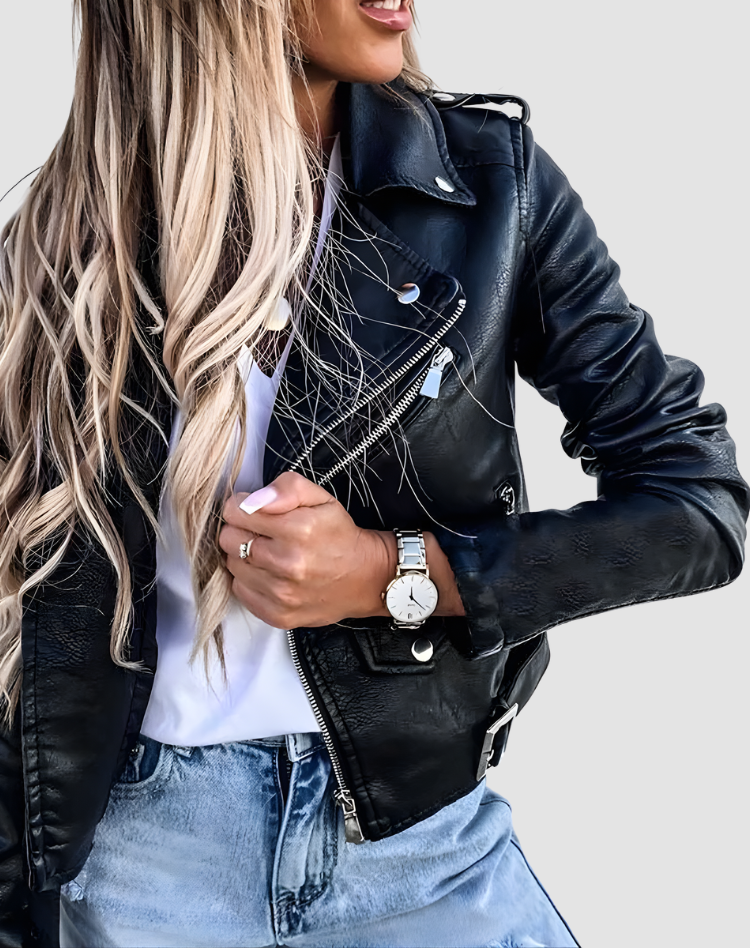 Women's biker jacket with asymmetric zip, long sleeves and belted hem