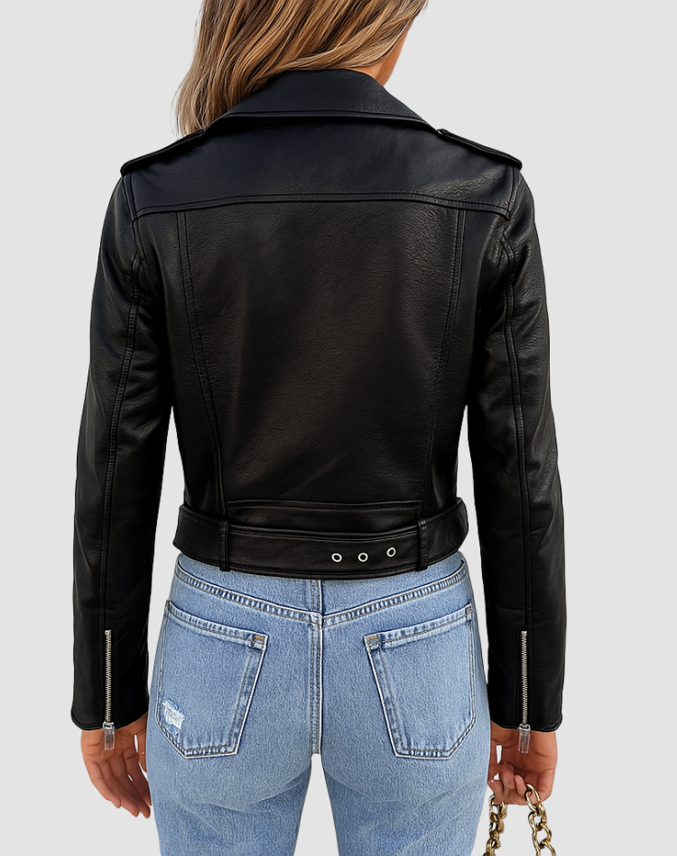 Women's biker jacket with asymmetric zip, long sleeves and belted hem