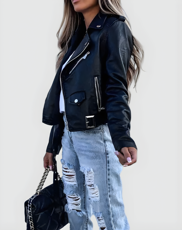 Women's biker jacket with asymmetric zip, long sleeves and belted hem