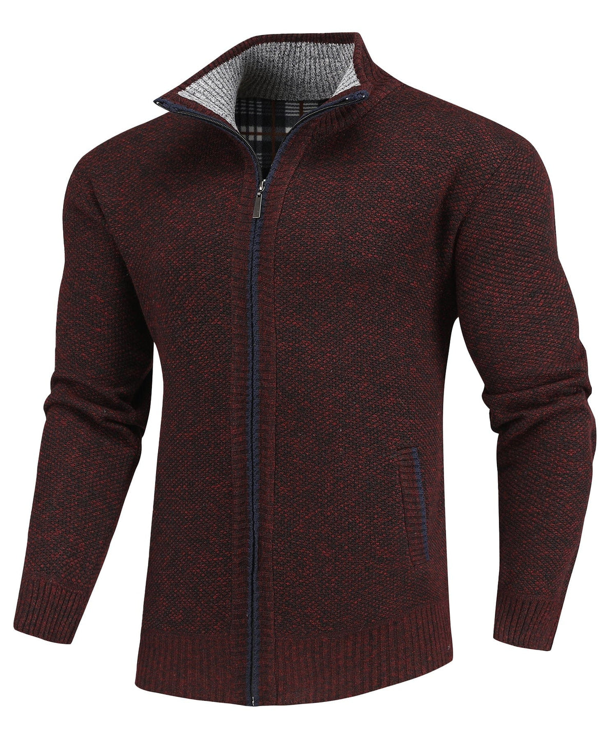 Men's textured knitted sweater jacket with mock neck, front zip and welt pockets