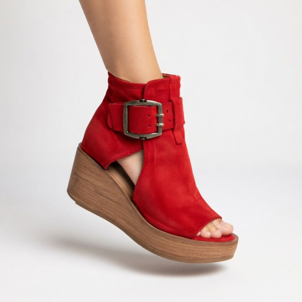 Women's open-toe wedge ankle boots with buckle strap and cut-out sides