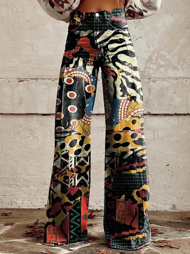 Women's Wide-Leg Trousers Printed High Waist Flare - Multicoloured 2