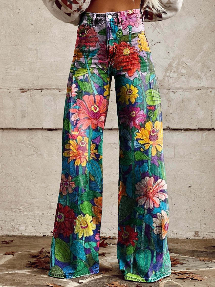 Women's Wide-Leg Trousers Printed High Waist Flare - Daisy Flowers