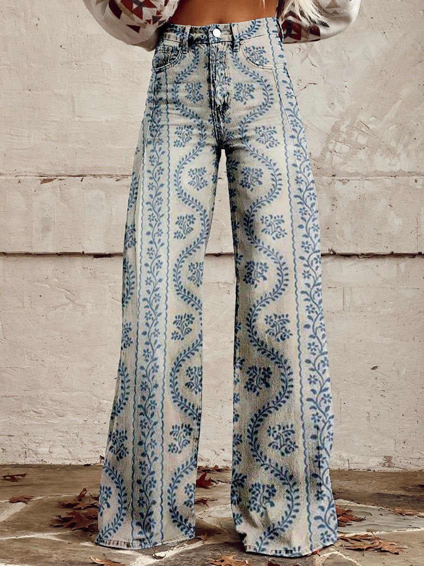 Women's Wide-Leg Trousers Printed High Waist Flare - Blue