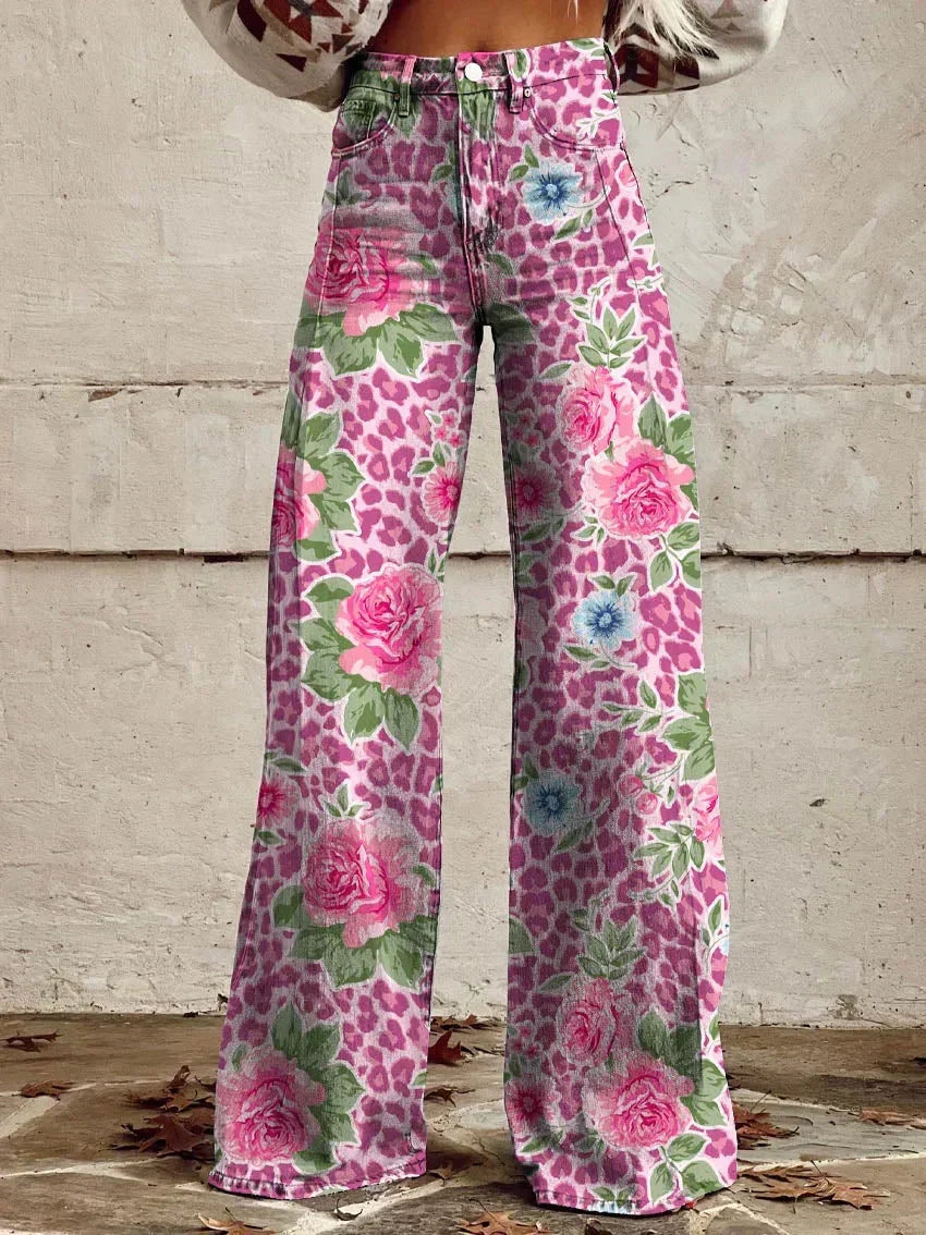 Women's Wide-Leg Trousers Printed High Waist Flare - Pink Flower