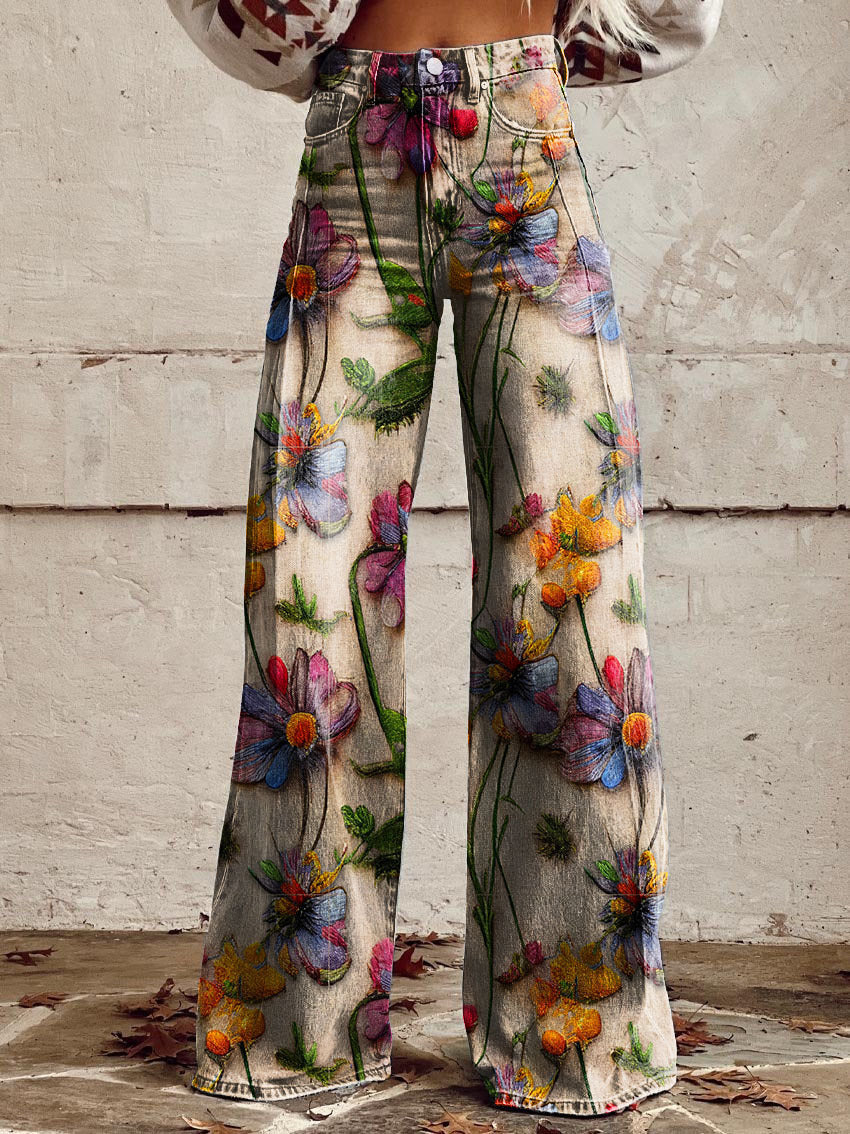 Women's Wide-Leg Trousers Printed High Waist Flare - Colourful Flower