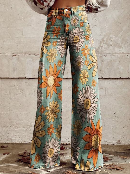 Women's Wide-Leg Trousers Printed High Waist Flare - Blossom