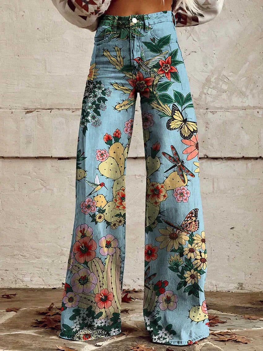 Women's Wide-Leg Trousers Printed High Waist Flare - Blue Forrest
