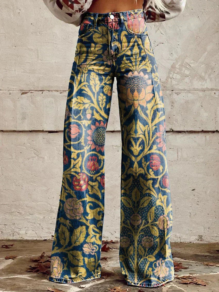 Women's Wide-Leg Trousers Printed High Waist Flare - Sunflower