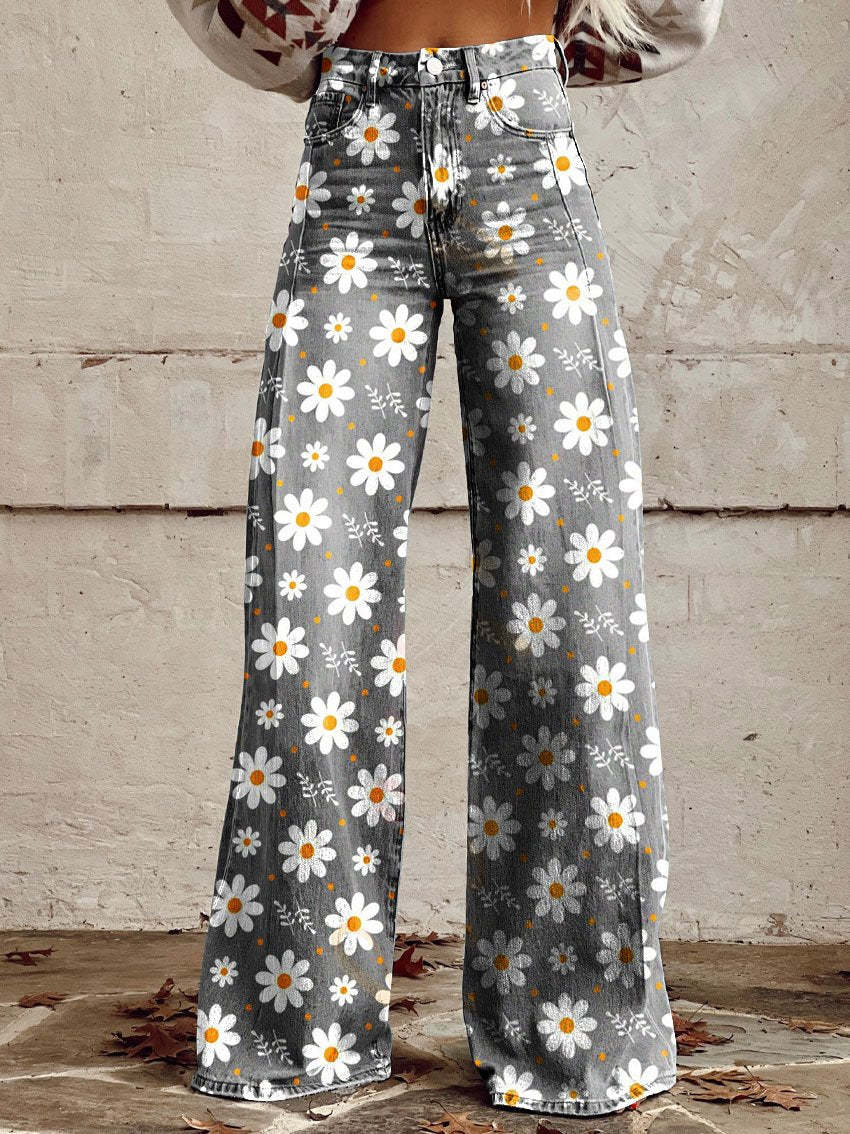 Women's Wide-Leg Trousers Printed High Waist Flare - White Flower