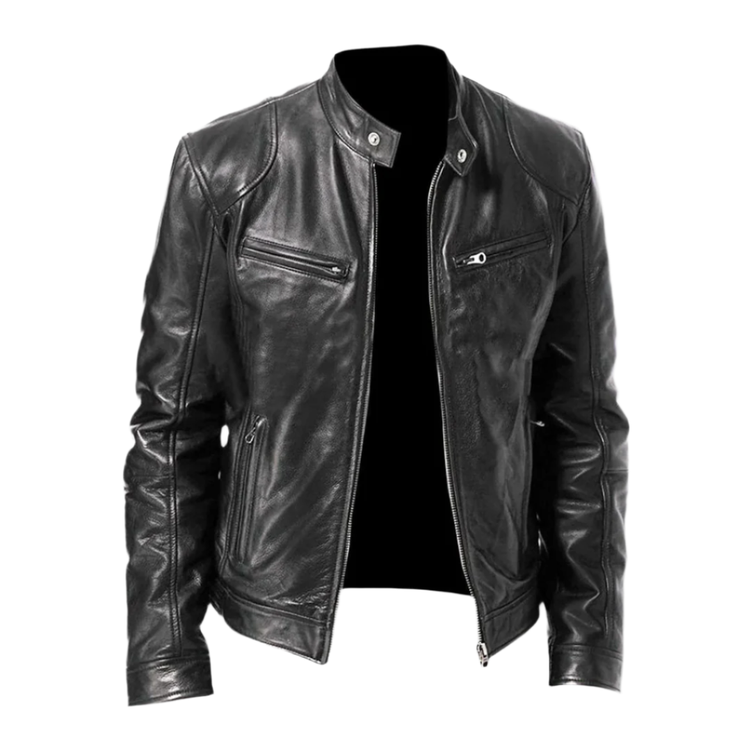 Men's fitted biker jacket with stand collar, long sleeves and zipped pockets