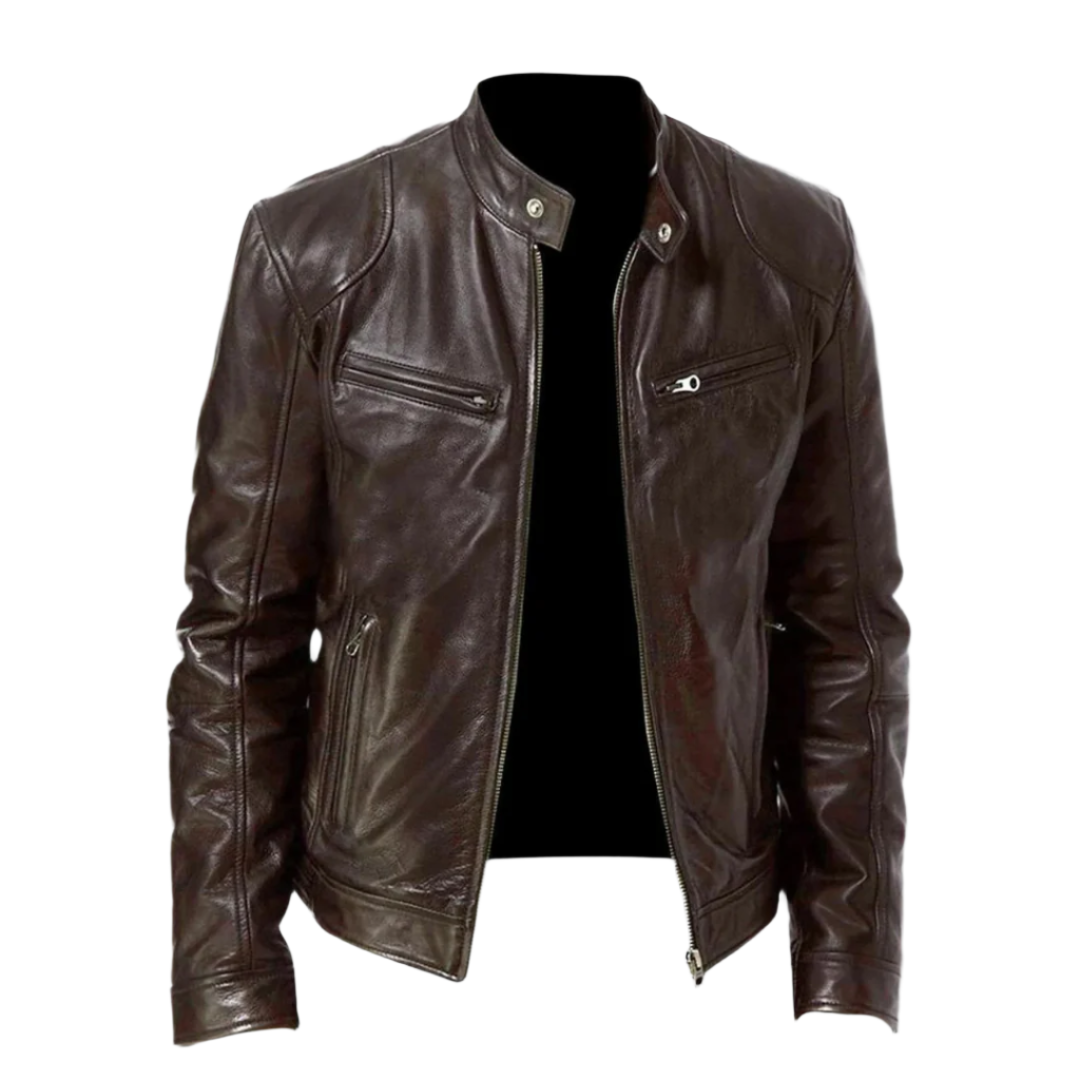 Men's fitted biker jacket with stand collar, long sleeves and zipped pockets