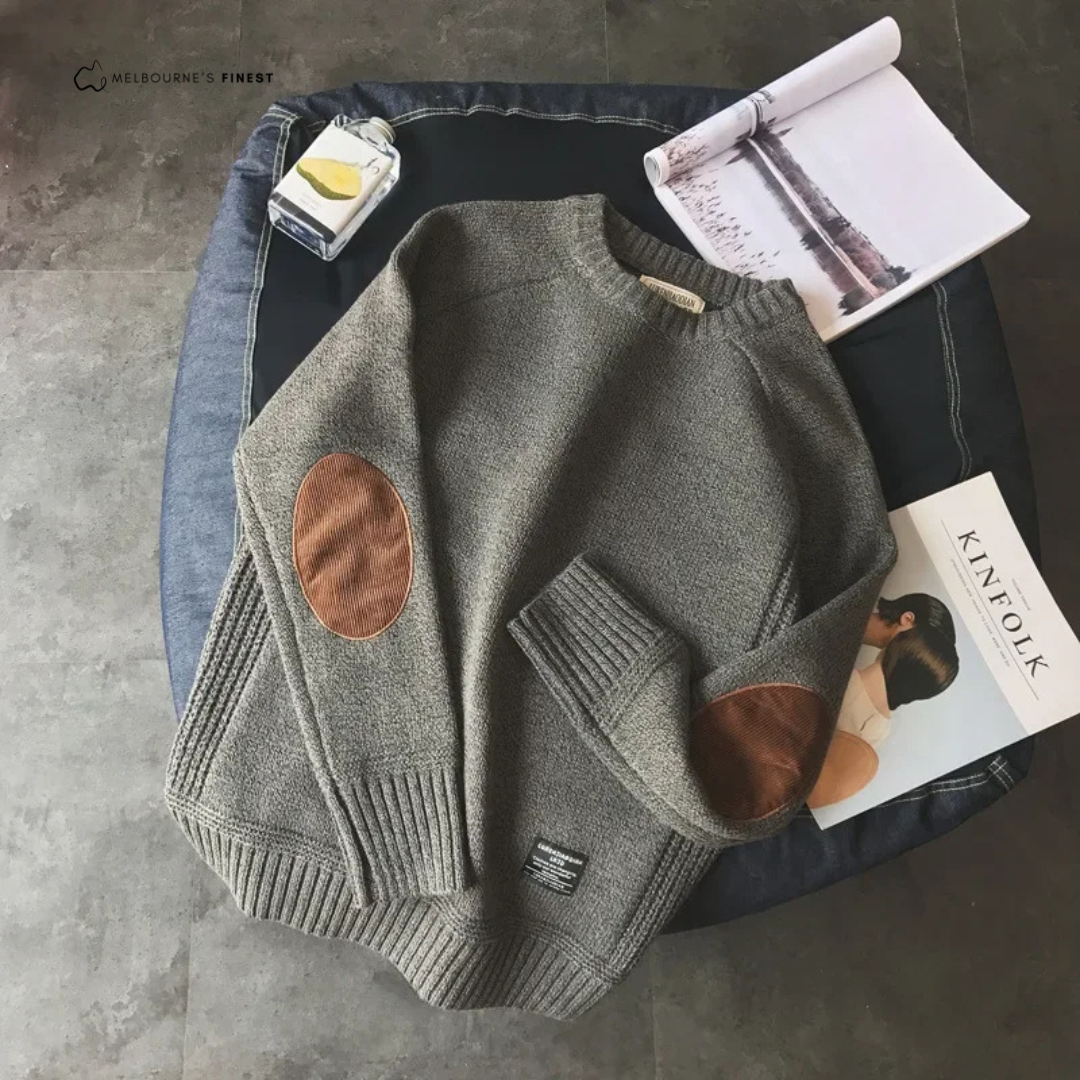 Men's crew neck pullover jumper with long sleeves and elbow patches