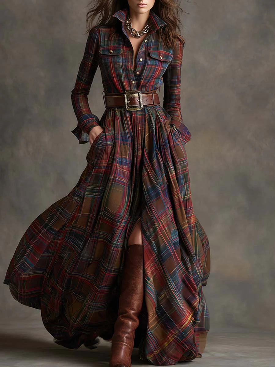 Women's long-sleeved plaid maxi shirt dress with belt and full skirt