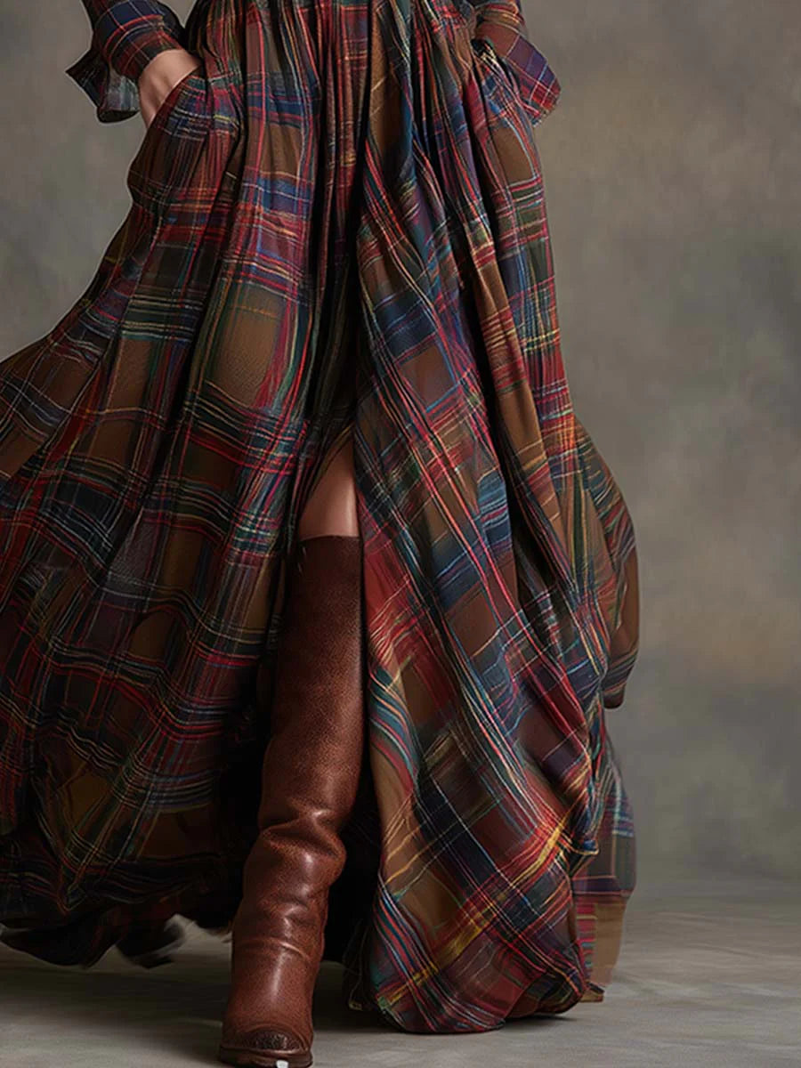 Women's long-sleeved plaid maxi shirt dress with belt and full skirt