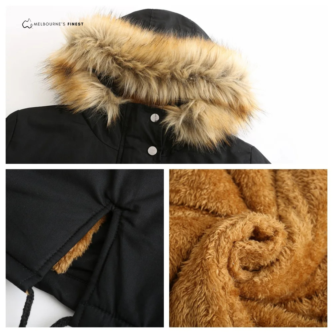 Women's hooded parka coat with fur-trimmed hood, drawstring waist and front pockets
