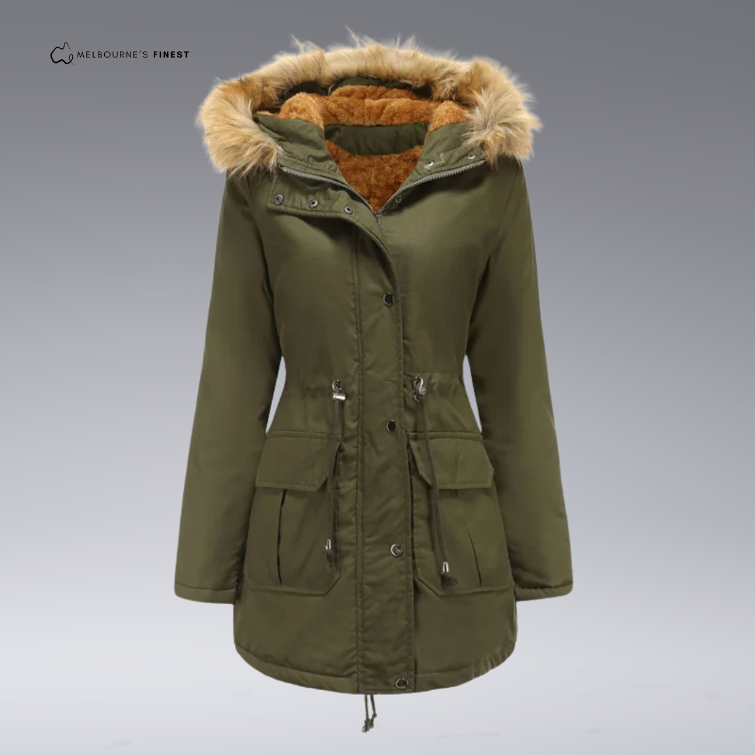 Women's hooded parka coat with fur-trimmed hood, drawstring waist and front pockets