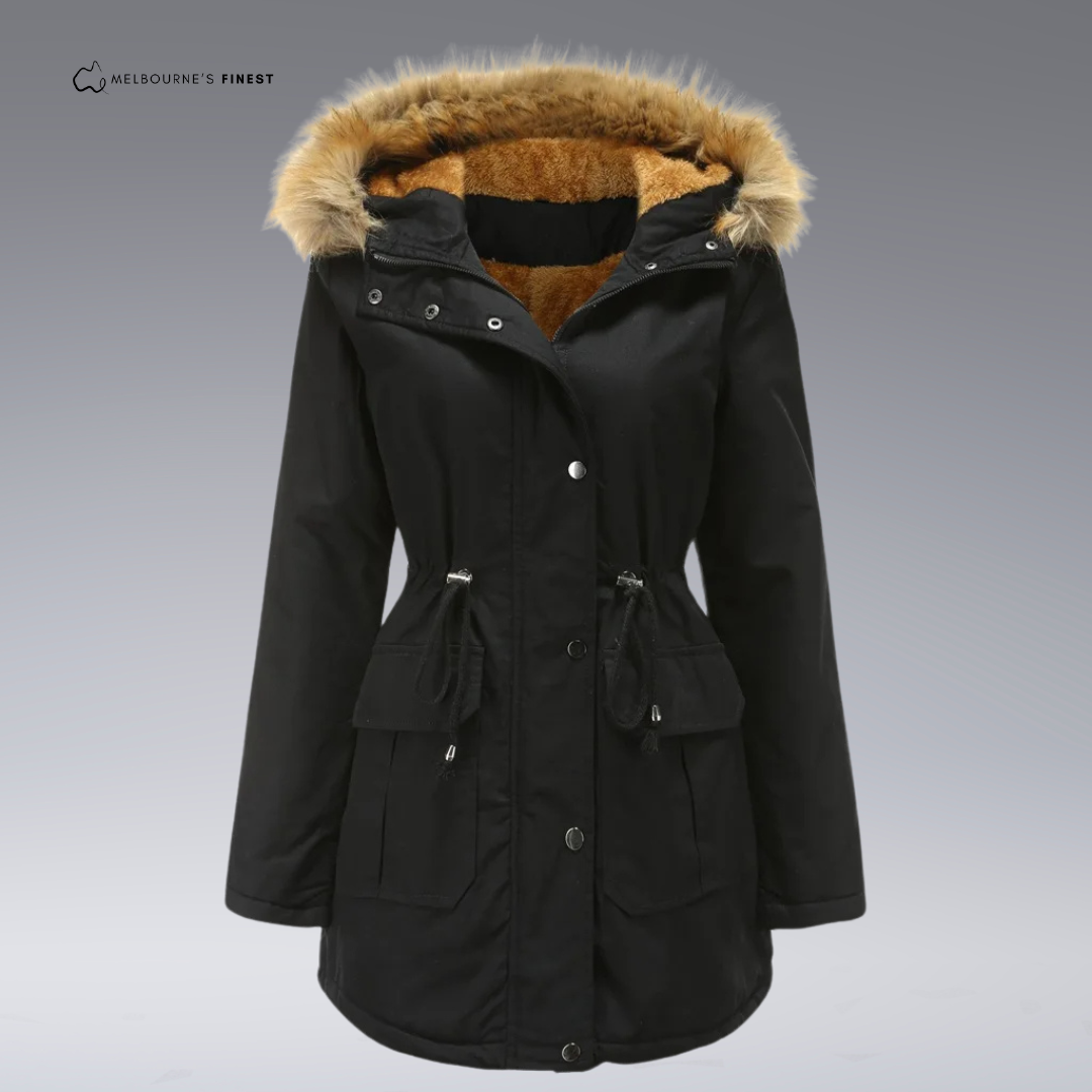 Women's hooded parka coat with fur-trimmed hood, drawstring waist and front pockets