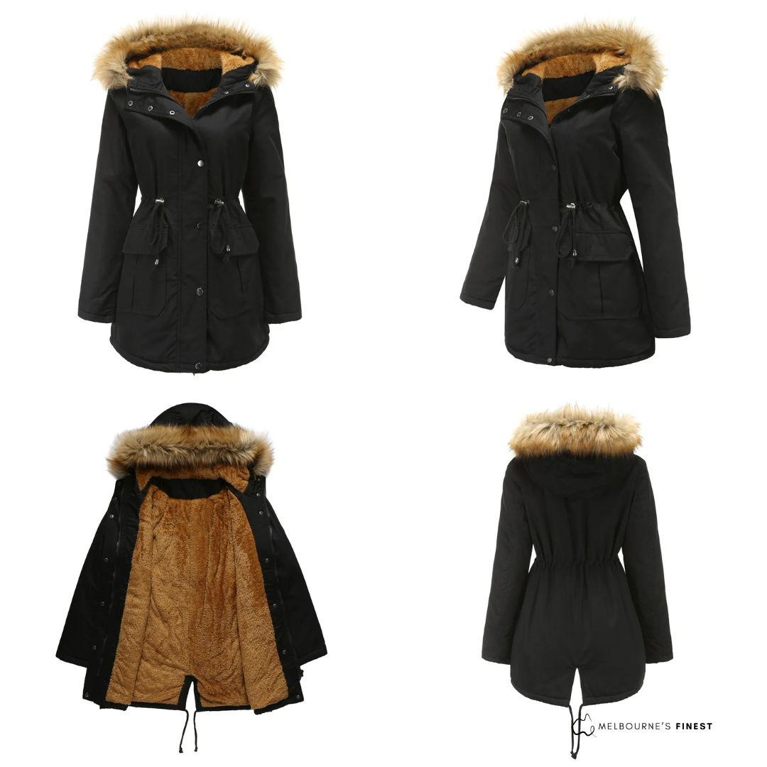 Women's hooded parka coat with fur-trimmed hood, drawstring waist and front pockets
