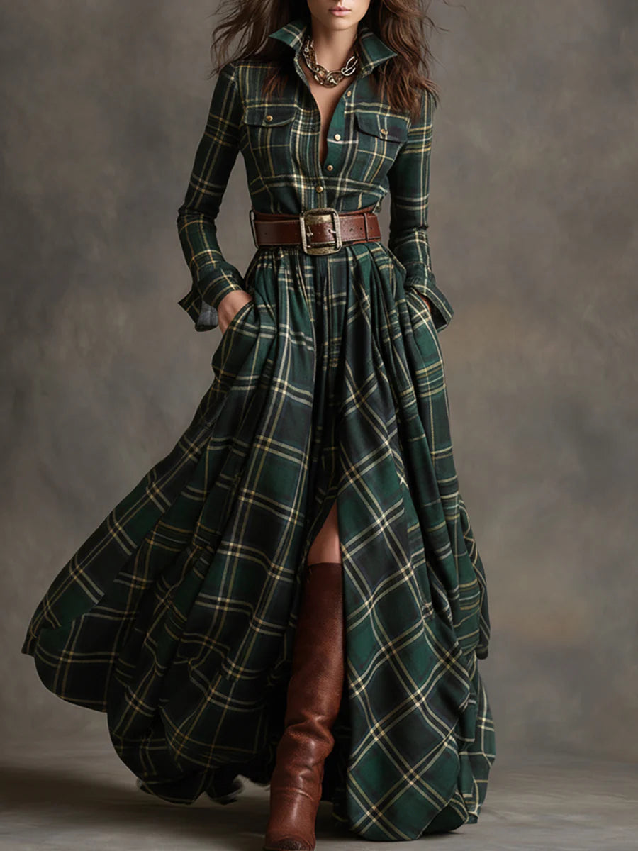 Women's long-sleeved plaid maxi shirt dress with belt and full skirt