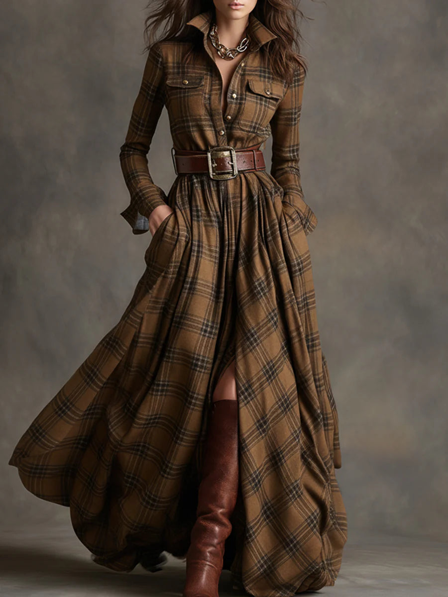 Women's long-sleeved plaid maxi shirt dress with belt and full skirt