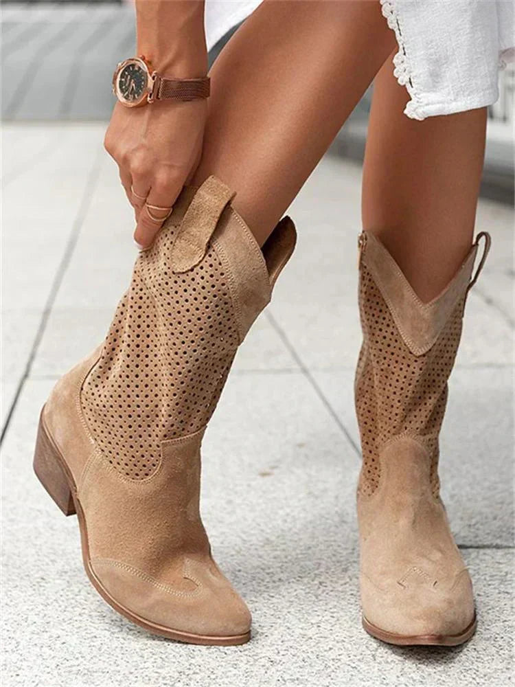 Women's perforated cowboy boots with pointed toes and mid stacked heels