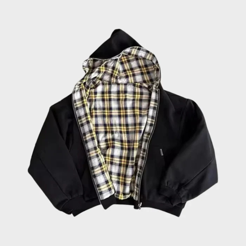 Men's reversible oversized hooded sweatshirt with checked inner side and zip front