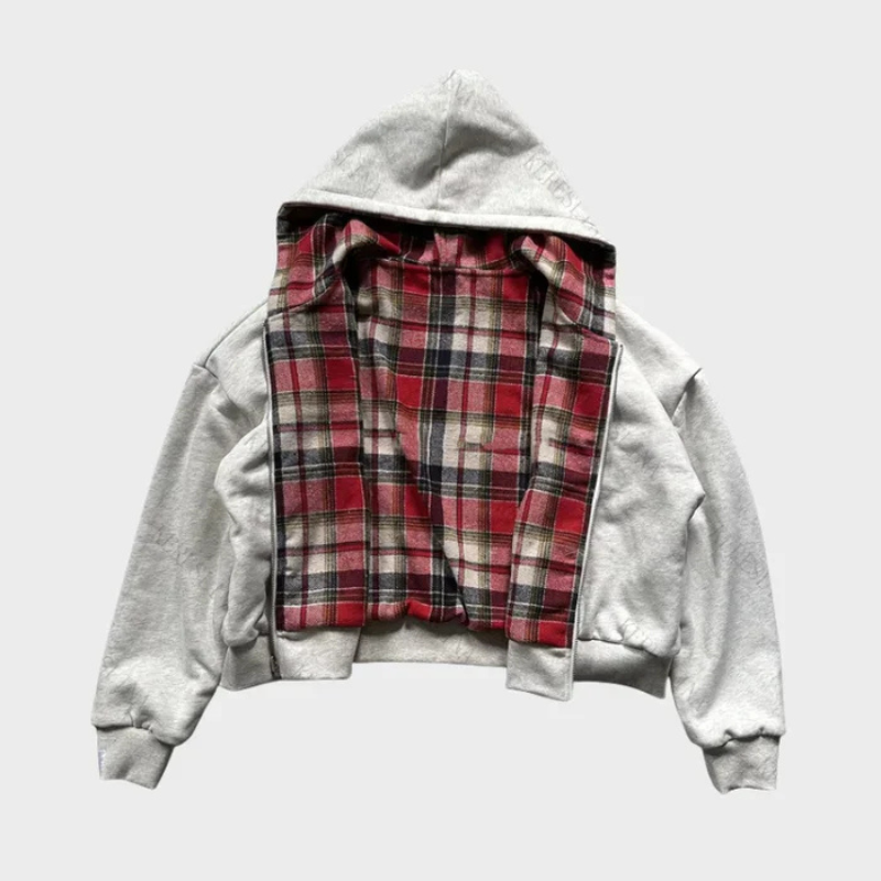 Men's reversible oversized hooded sweatshirt with checked inner side and zip front