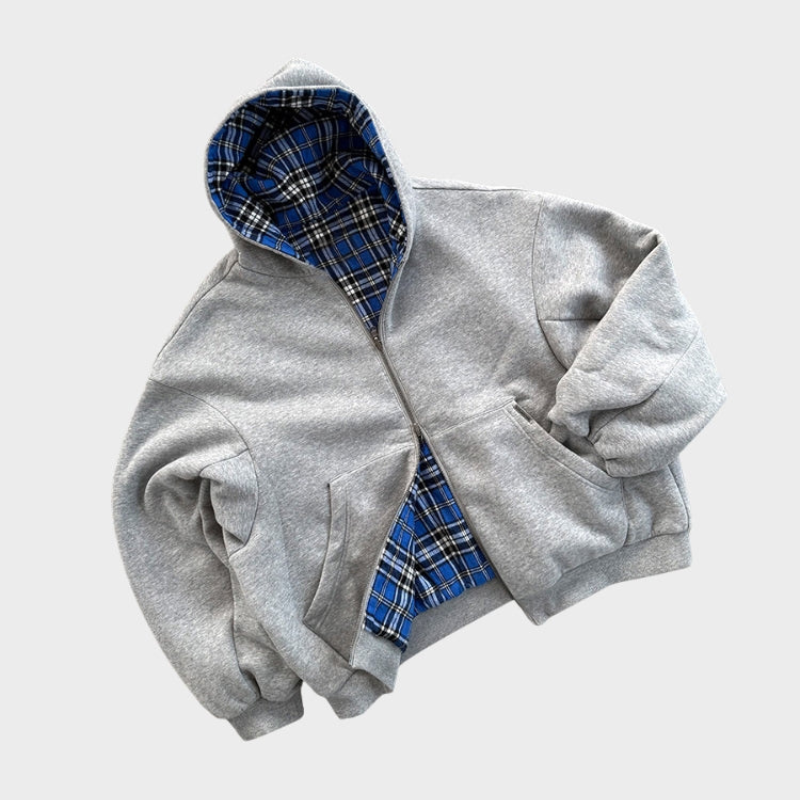 Men's reversible oversized hooded sweatshirt with checked inner side and zip front