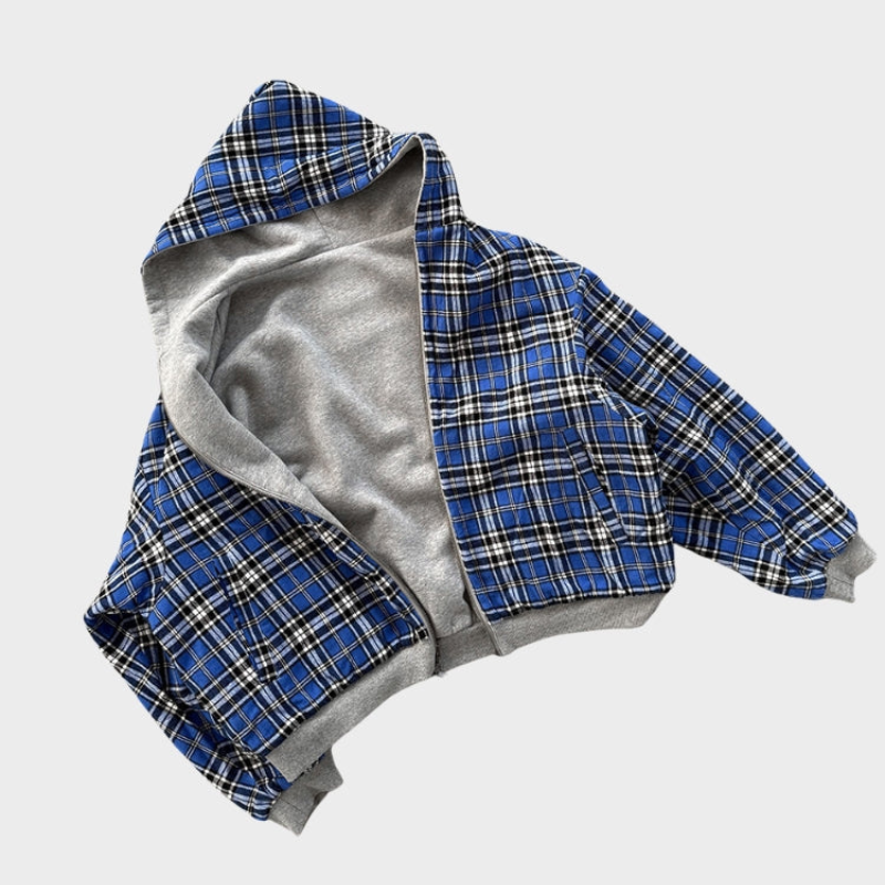 Men's reversible oversized hooded sweatshirt with checked inner side and zip front